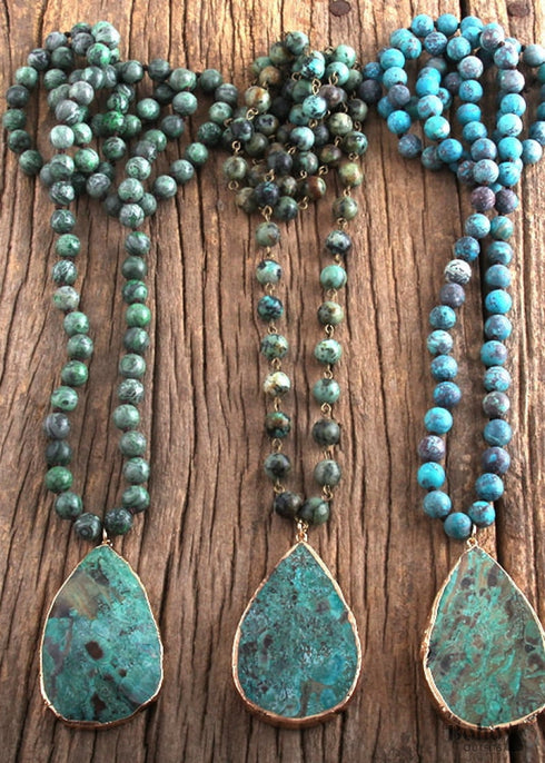 Boho Necklace, RH India Agated Blue and Green Natural Stone